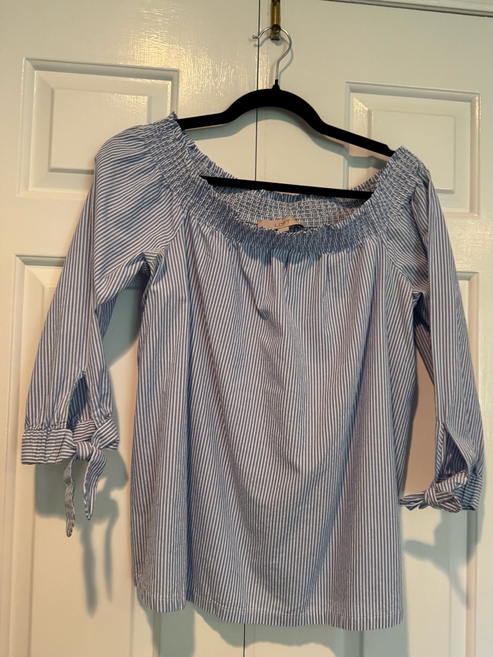 LOFT Blue and White Pinstripe Off-Shoulder Tie-Sleeve Blouse